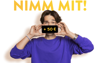 Nimm mit - Mann mit Handy 50 Euro Gutschrift