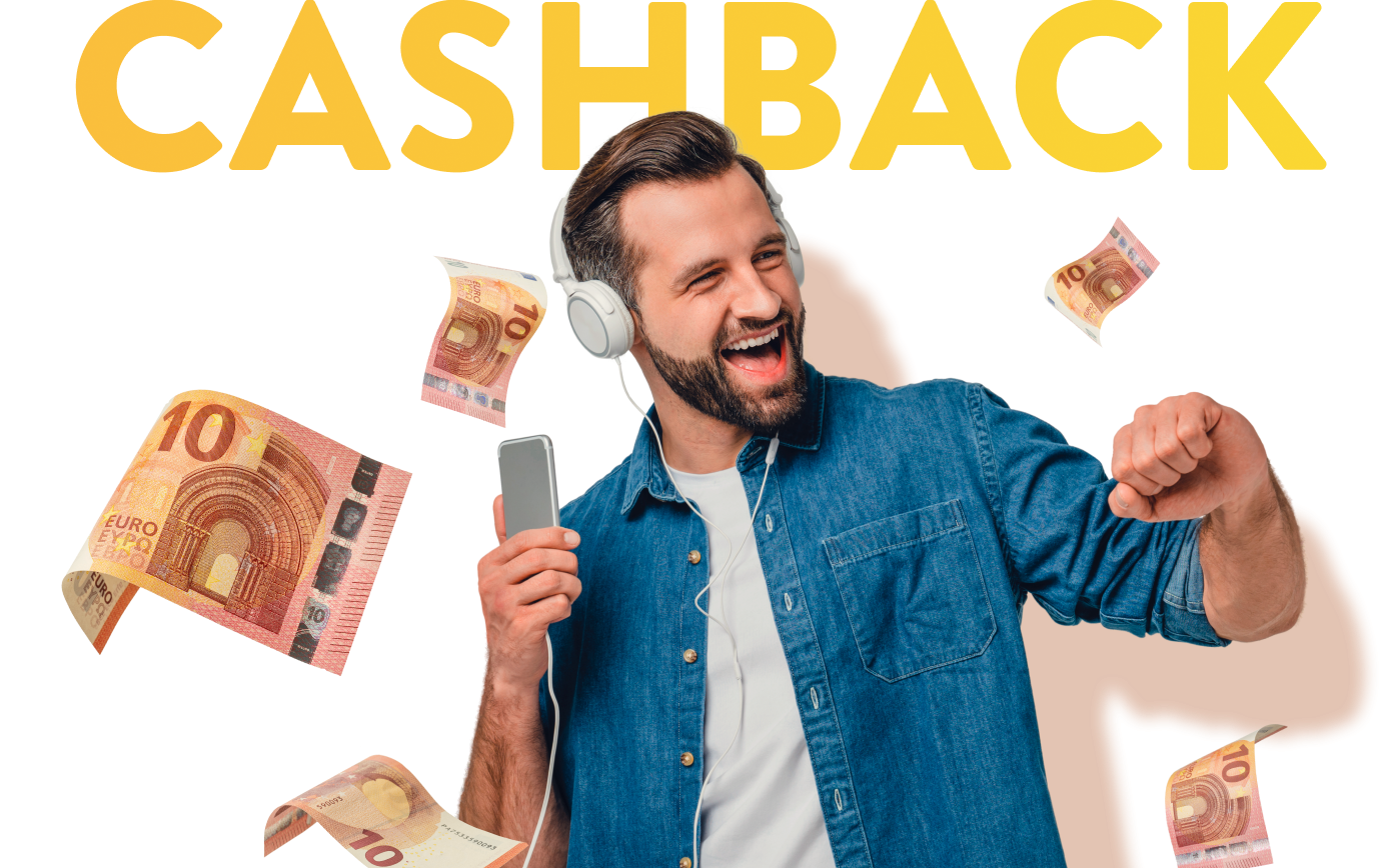 Junger Mann im Geldregen mit Headline Cashback