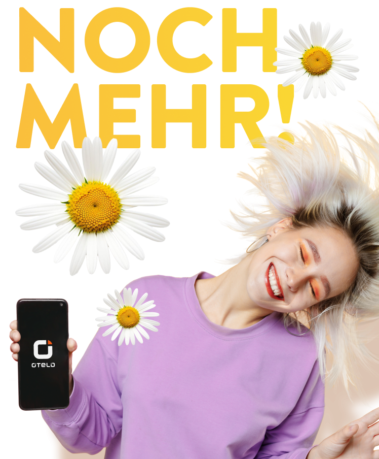 Frau mit Handy in der Hand Headline noch mehr! und Gänseblümchen im Hintergrund