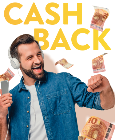 Junger Mann im Geldregen mit Headline Cashback